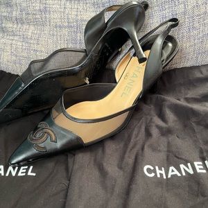chanel black satin and mesh CC sling back pumps